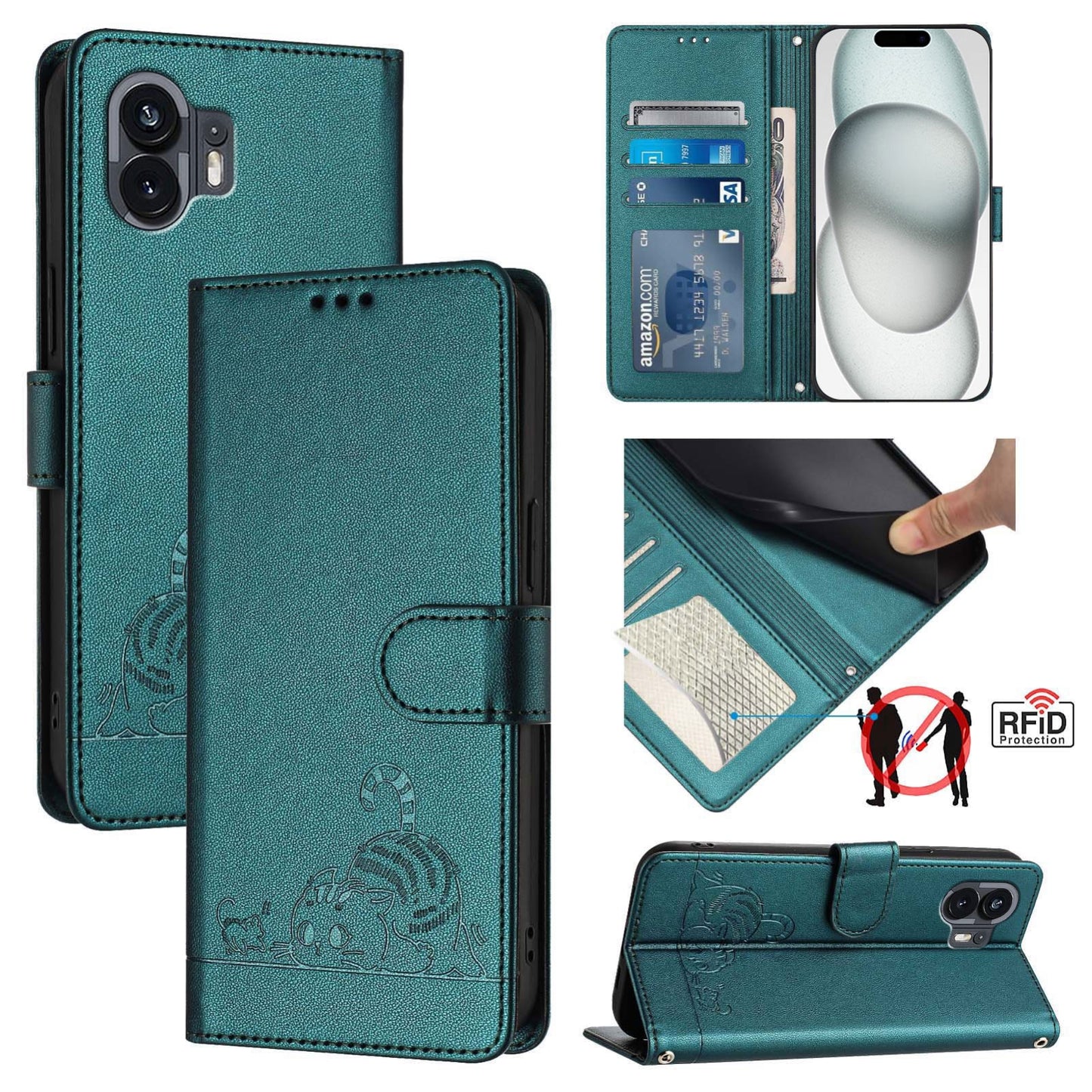 Nothing Phone 2A Cat and Mouse Embossed PU Leather RFID Case with Wallet Slots, Anti-Fall Protection, Kickstand, and Lanyard-buycases.co.uk