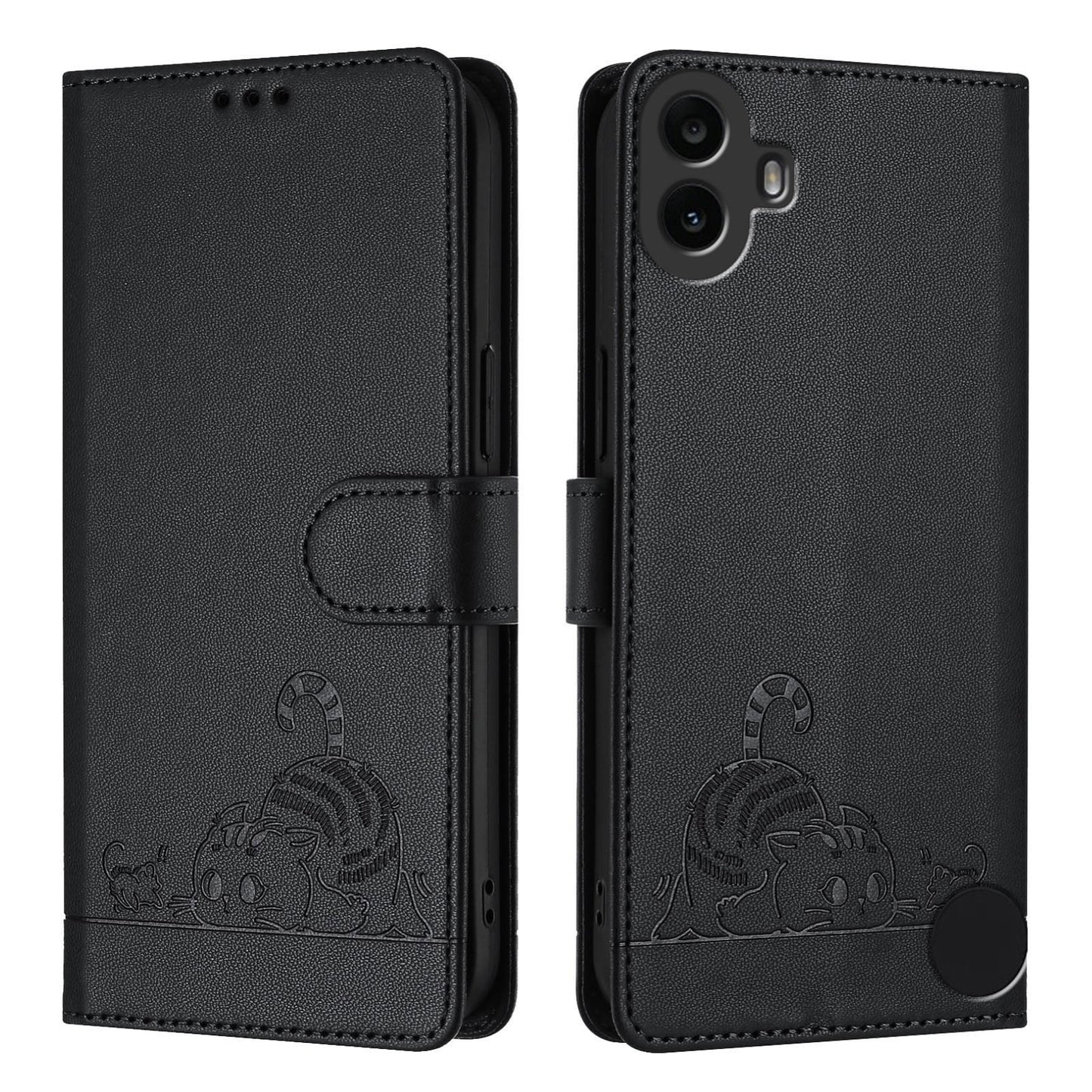 Nothing CMF Phone 1 Cat and Mouse Embossed PU Leather RFID Case with Wallet Slots, Anti-Fall Protection, Kickstand, and Lanyard-buycases.co.uk