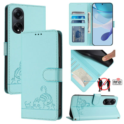 OPPO A98 5G Cat and Mouse Embossed PU Leather RFID Case with Wallet Slots, Anti-Fall Protection, Kickstand, and Lanyard-buycases.co.uk