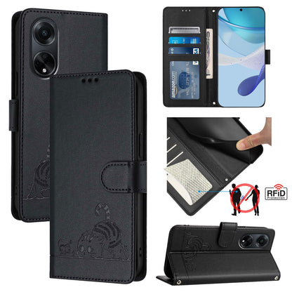 OPPO F23 5G India Cat and Mouse Embossed PU Leather RFID Case with Wallet Slots, Anti-Fall Protection, Kickstand, and Lanyard-buycases.co.uk