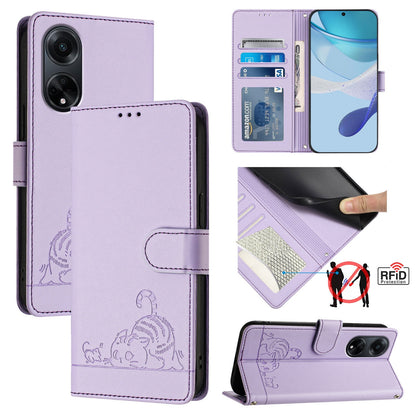 OPPO A98 5G Cat and Mouse Embossed PU Leather RFID Case with Wallet Slots, Anti-Fall Protection, Kickstand, and Lanyard-buycases.co.uk