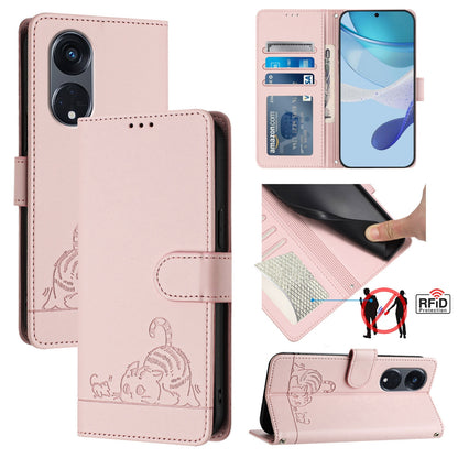 OPPO Reno8 T 5G Global Cat and Mouse Embossed PU Leather RFID Case with Wallet Slots, Anti-Fall Protection, Kickstand, and Lanyard-buycases.co.uk