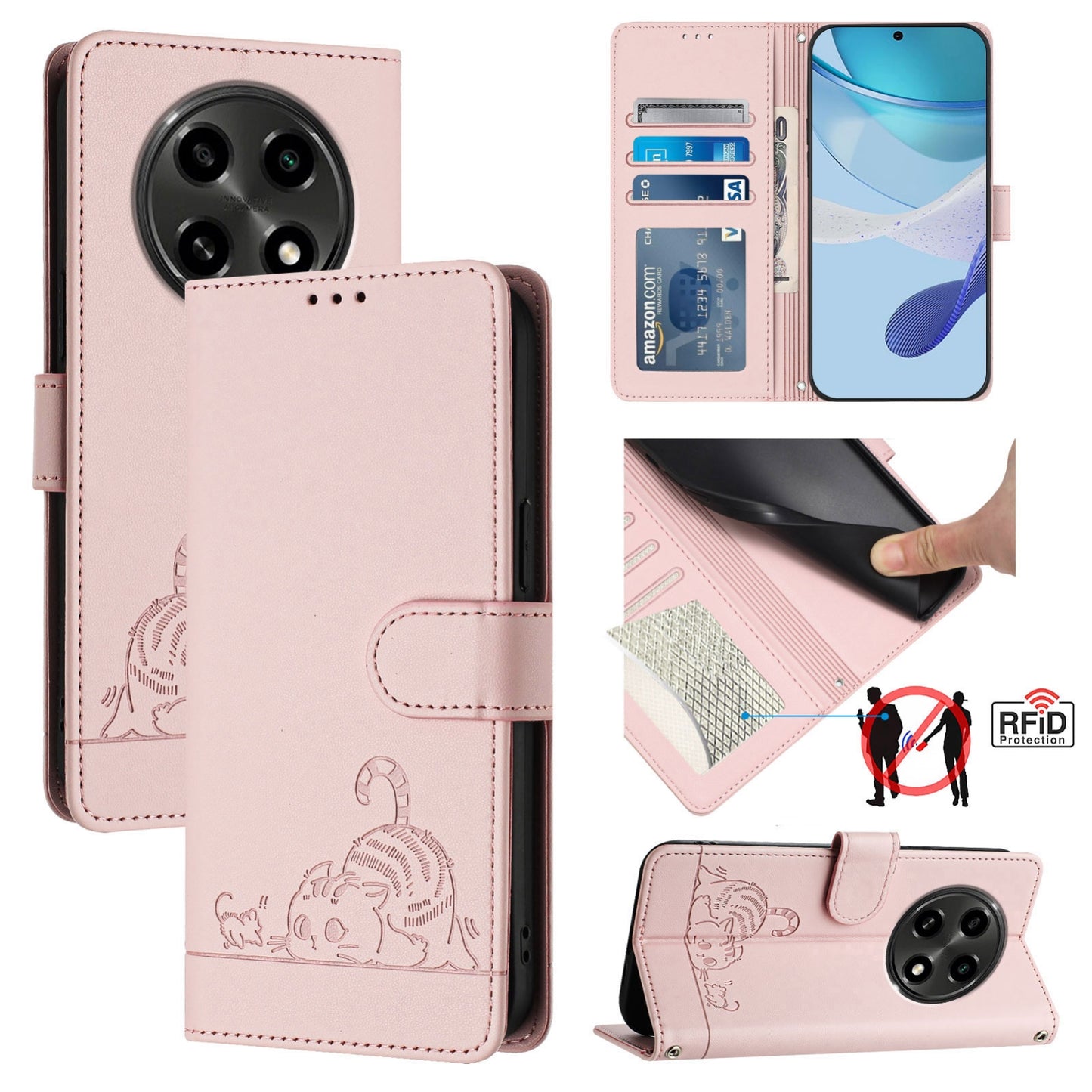 OPPO A2 Pro 5G Cat and Mouse Embossed PU Leather RFID Case with Wallet Slots, Anti-Fall Protection, Kickstand, and Lanyard-buycases.co.uk