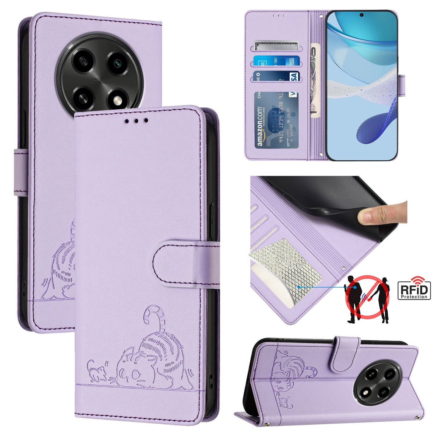 OPPO A3 Pro 5G Cat and Mouse Embossed PU Leather RFID Case with Wallet Slots, Anti-Fall Protection, Kickstand, and Lanyard-buycases.co.uk