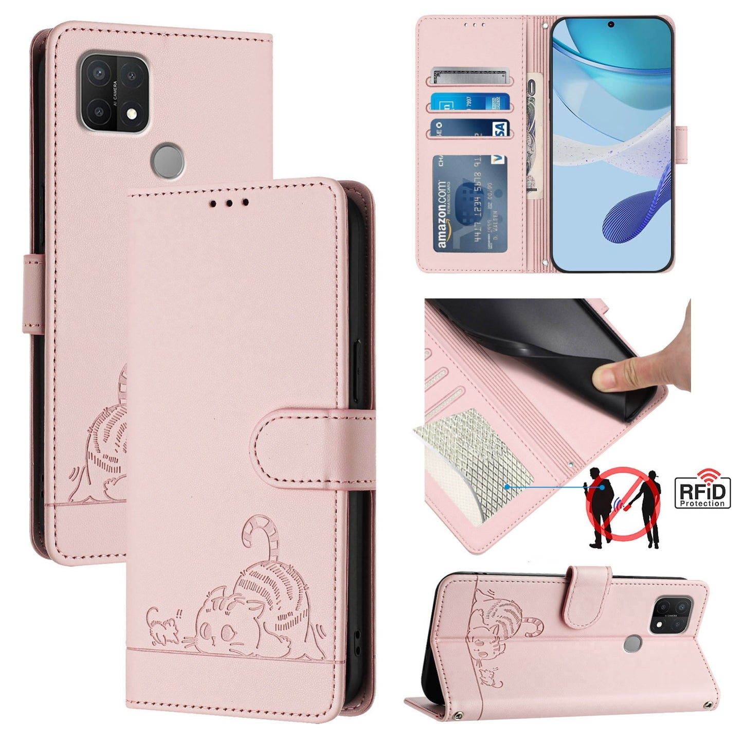 OPPO A15S Cat and Mouse Embossed PU Leather RFID Case with Wallet Slots, Anti-Fall Protection, Kickstand, and Lanyard-buycases.co.uk
