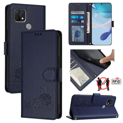 OPPO A35 2021 Cat and Mouse Embossed PU Leather RFID Case with Wallet Slots, Anti-Fall Protection, Kickstand, and Lanyard-buycases.co.uk