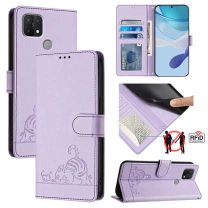 OPPO A15 Cat and Mouse Embossed PU Leather RFID Case with Wallet Slots, Anti-Fall Protection, Kickstand, and Lanyard-buycases.co.uk