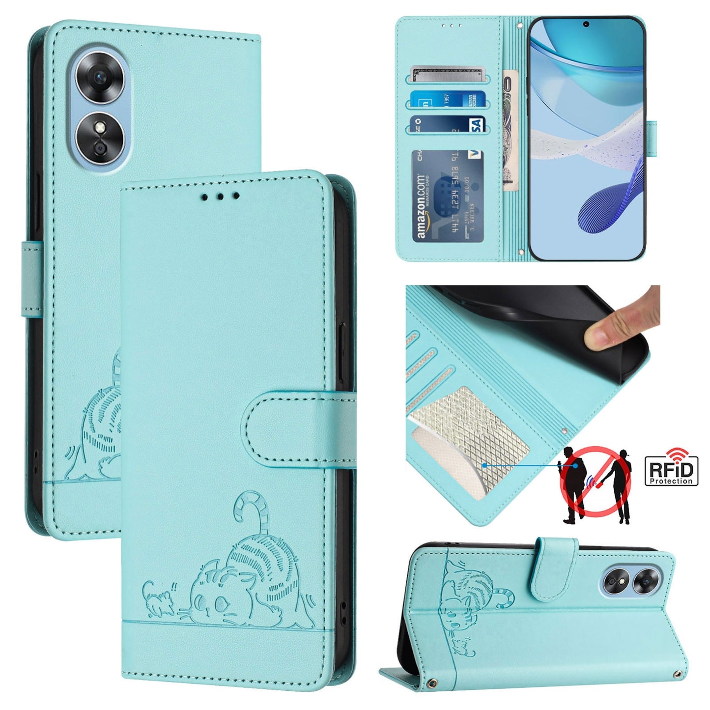OPPO A17 4G Global Cat and Mouse Embossed PU Leather RFID Case with Wallet Slots, Anti-Fall Protection, Kickstand, and Lanyard-buycases.co.uk