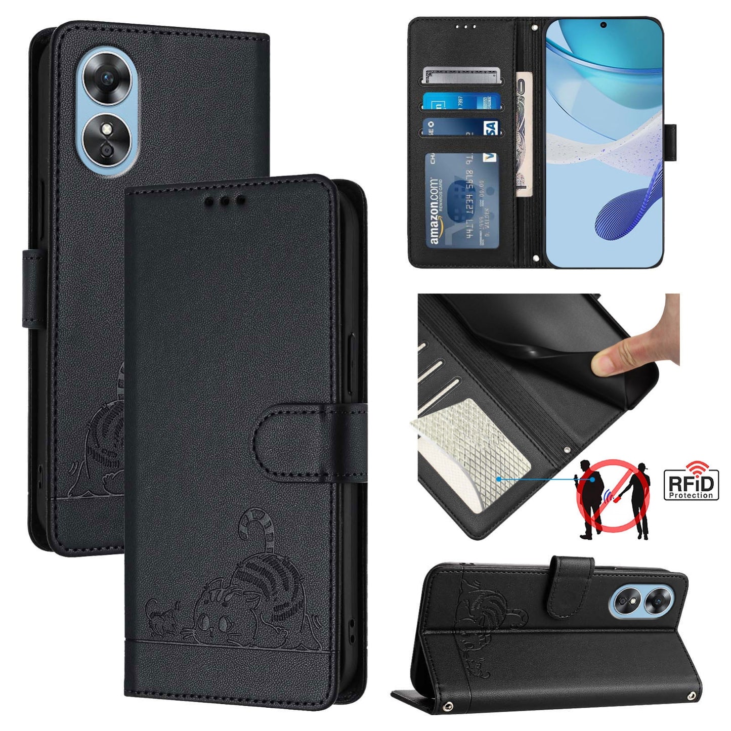 OPPO A17K Cat and Mouse Embossed PU Leather RFID Case with Wallet Slots, Anti-Fall Protection, Kickstand, and Lanyard-buycases.co.uk