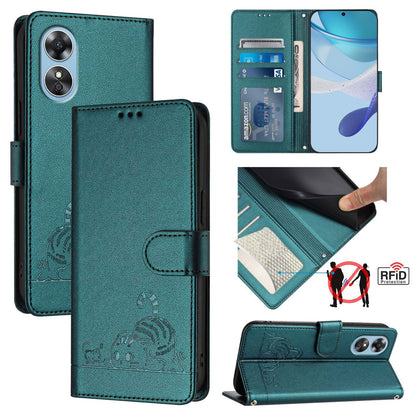 OPPO A17K Cat and Mouse Embossed PU Leather RFID Case with Wallet Slots, Anti-Fall Protection, Kickstand, and Lanyard-buycases.co.uk