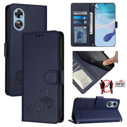 OPPO A17K Cat and Mouse Embossed PU Leather RFID Case with Wallet Slots, Anti-Fall Protection, Kickstand, and Lanyard-buycases.co.uk