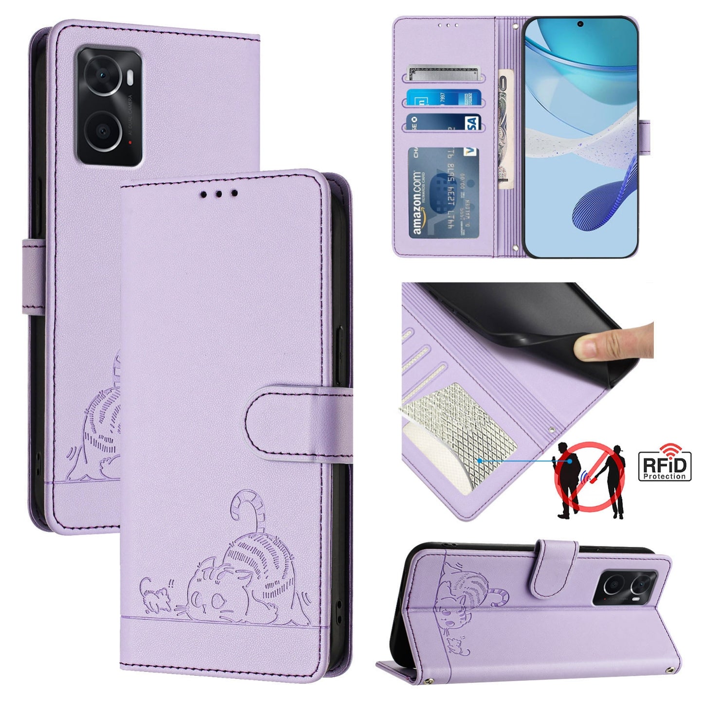 OPPO K10 4G Cat and Mouse Embossed PU Leather RFID Case with Wallet Slots, Anti-Fall Protection, Kickstand, and Lanyard-buycases.co.uk