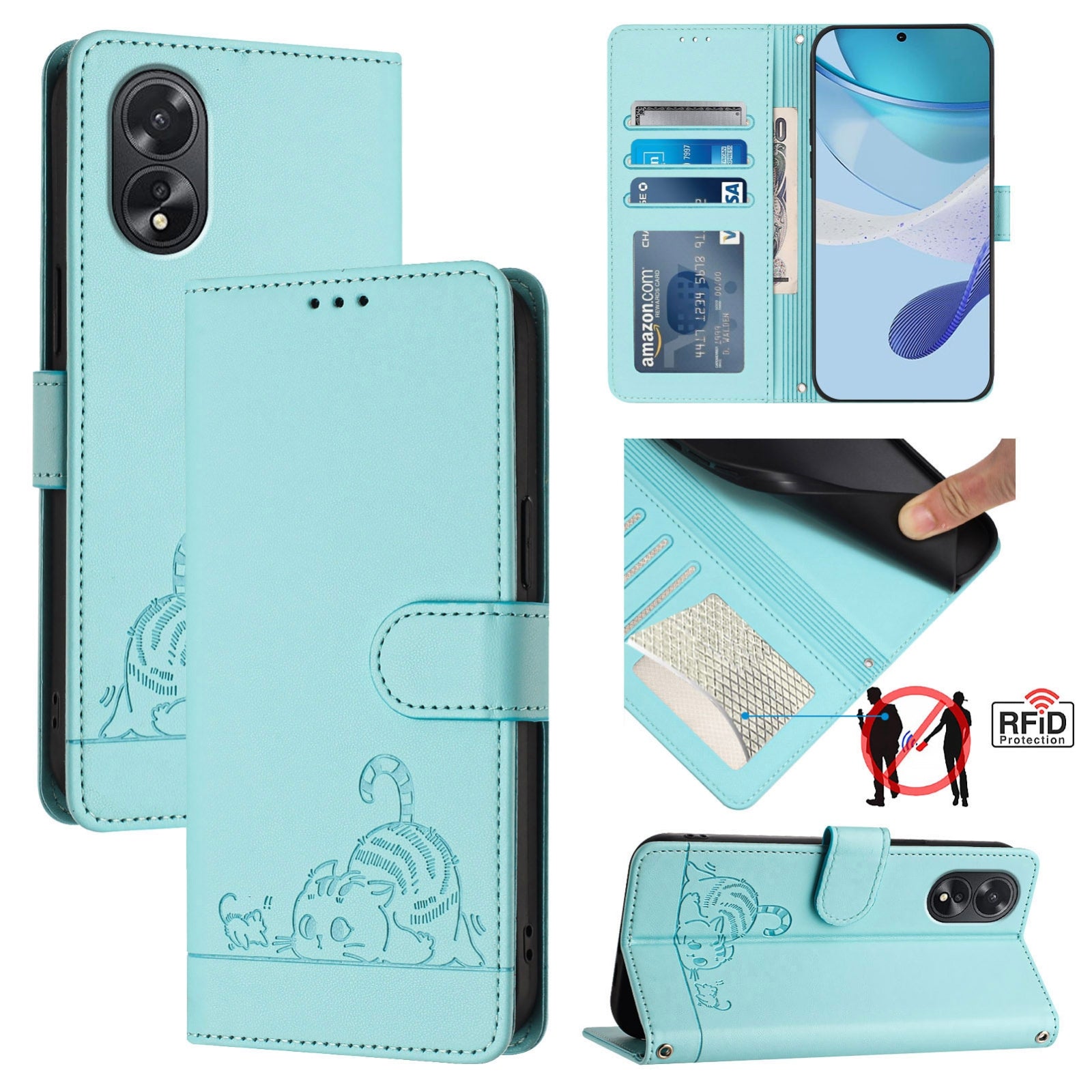 OPPO A38 4G Cat and Mouse Embossed PU Leather RFID Case with Wallet Slots, Anti-Fall Protection, Kickstand, and Lanyard-buycases.co.uk