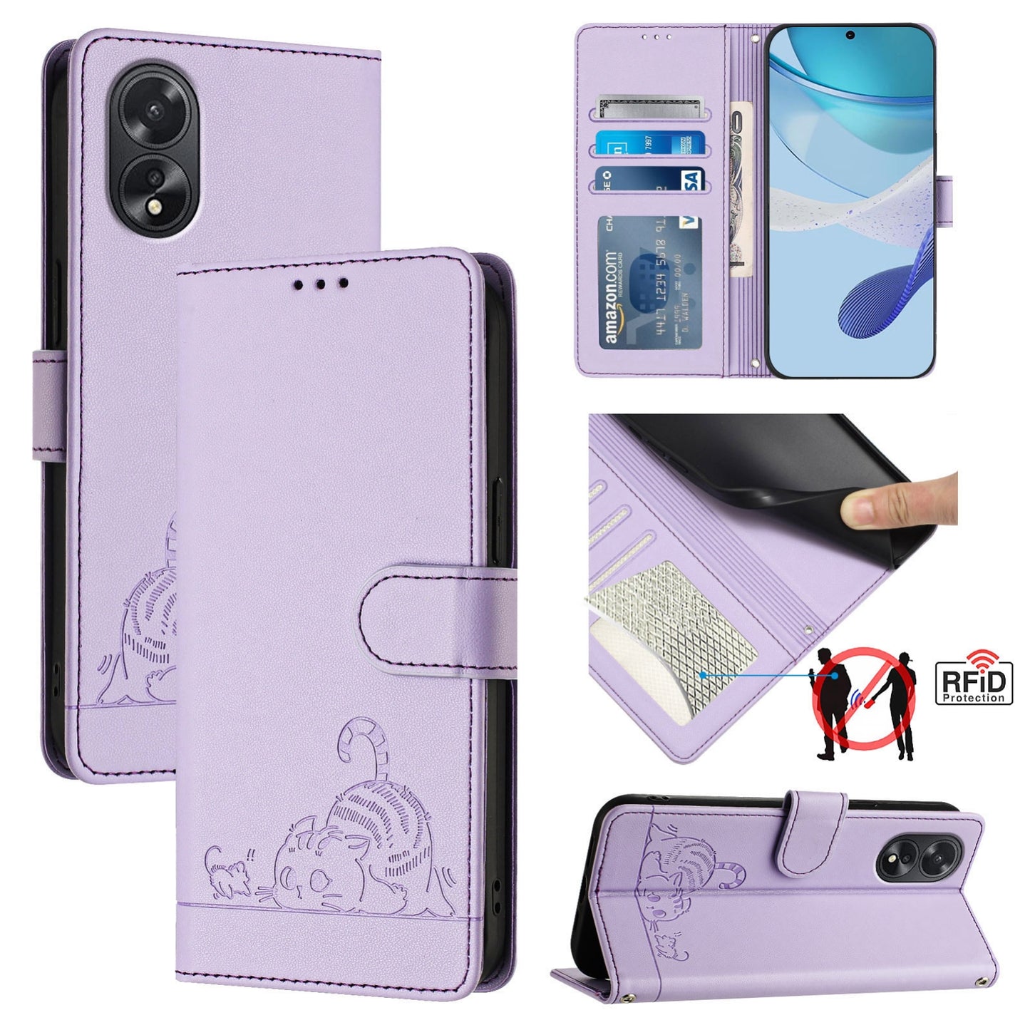 OPPO A18 4G Global Cat and Mouse Embossed PU Leather RFID Case with Wallet Slots, Anti-Fall Protection, Kickstand, and Lanyard-buycases.co.uk