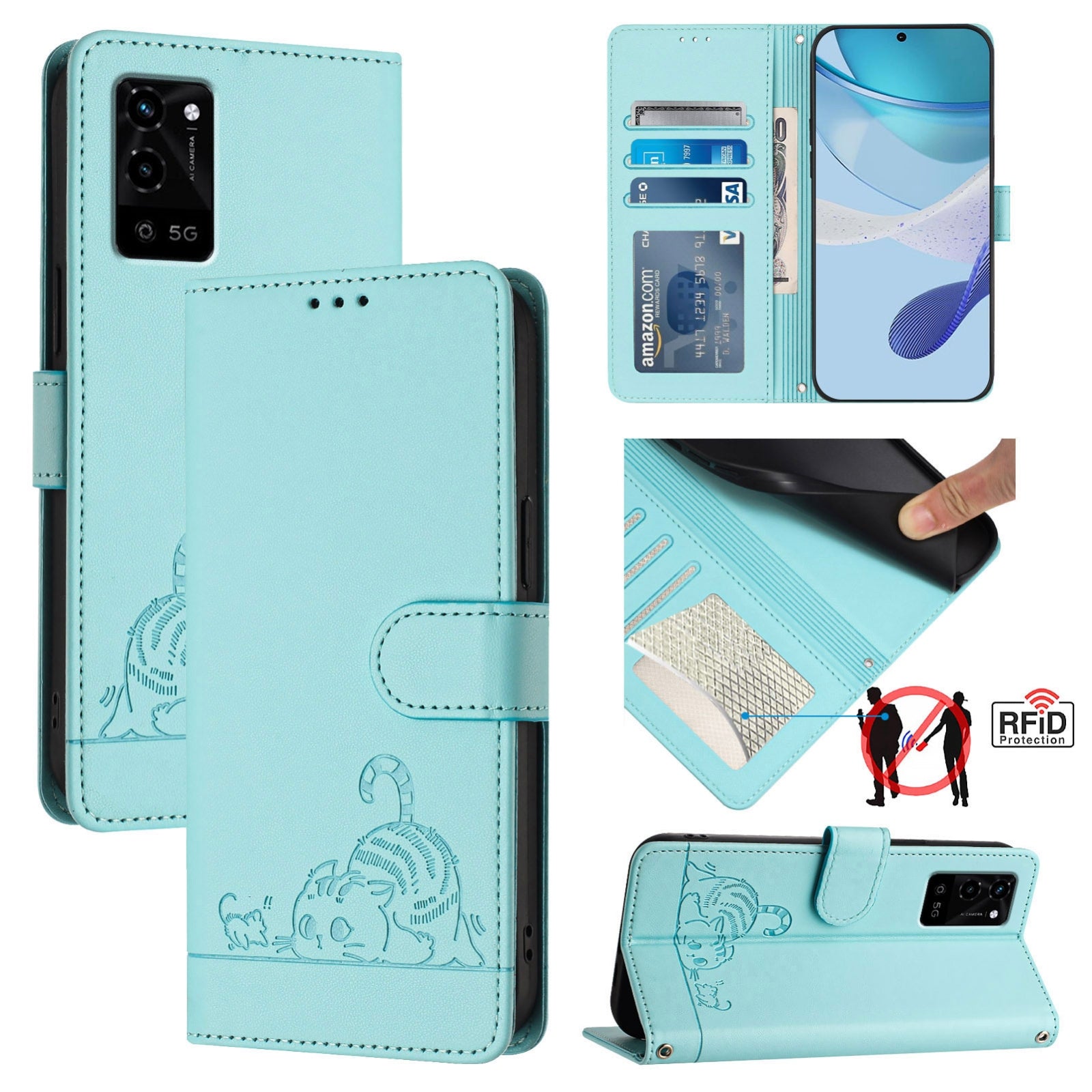 OPPO A55 5G Cat and Mouse Embossed PU Leather RFID Case with Wallet Slots, Anti-Fall Protection, Kickstand, and Lanyard-buycases.co.uk