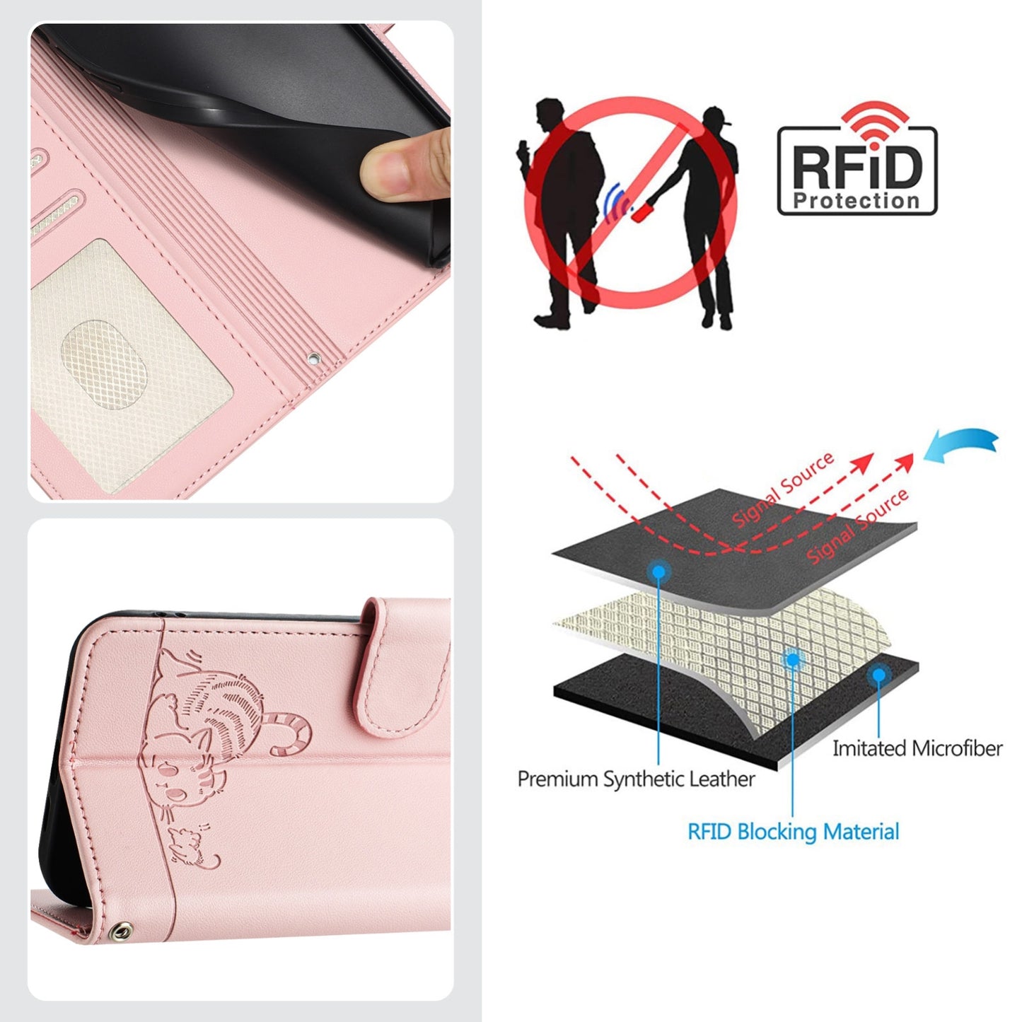 OPPO A55 5G Cat and Mouse Embossed PU Leather RFID Case with Wallet Slots, Anti-Fall Protection, Kickstand, and Lanyard-buycases.co.uk