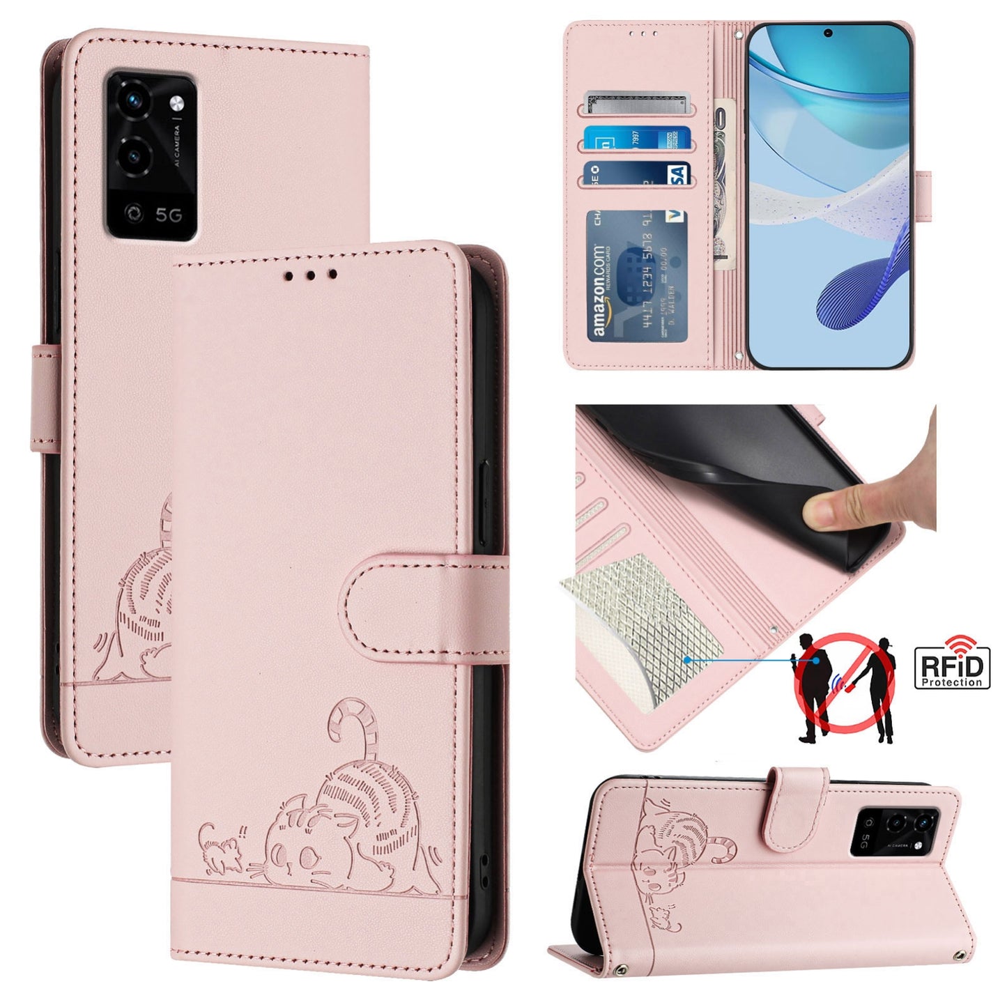 OPPO A54S Cat and Mouse Embossed PU Leather RFID Case with Wallet Slots, Anti-Fall Protection, Kickstand, and Lanyard-buycases.co.uk