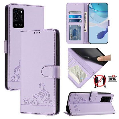 OPPO A54S Cat and Mouse Embossed PU Leather RFID Case with Wallet Slots, Anti-Fall Protection, Kickstand, and Lanyard-buycases.co.uk