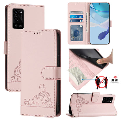 OPPO A56 5G Cat and Mouse Embossed PU Leather RFID Case with Wallet Slots, Anti-Fall Protection, Kickstand, and Lanyard-buycases.co.uk