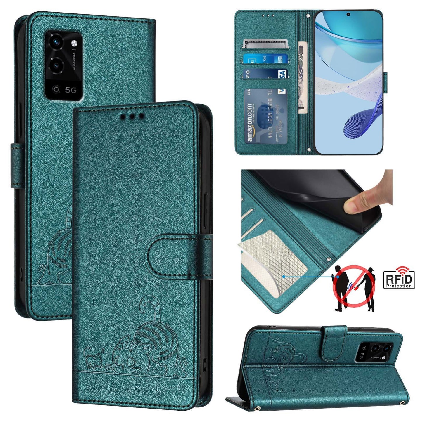 OPPO A53S 5G Cat and Mouse Embossed PU Leather RFID Case with Wallet Slots, Anti-Fall Protection, Kickstand, and Lanyard-buycases.co.uk