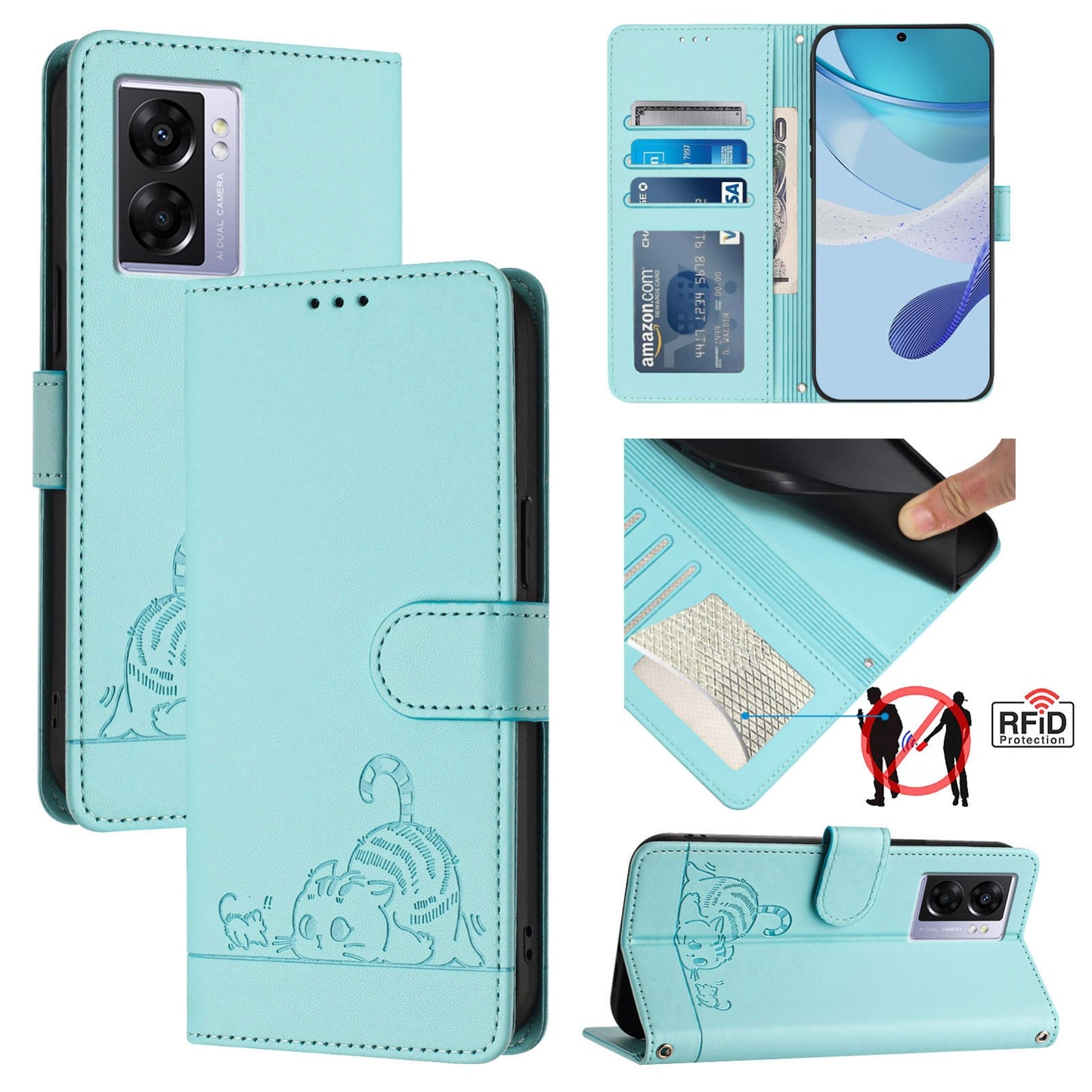 OPPO A77 5G Cat and Mouse Embossed PU Leather RFID Case with Wallet Slots, Anti-Fall Protection, Kickstand, and Lanyard-buycases.co.uk