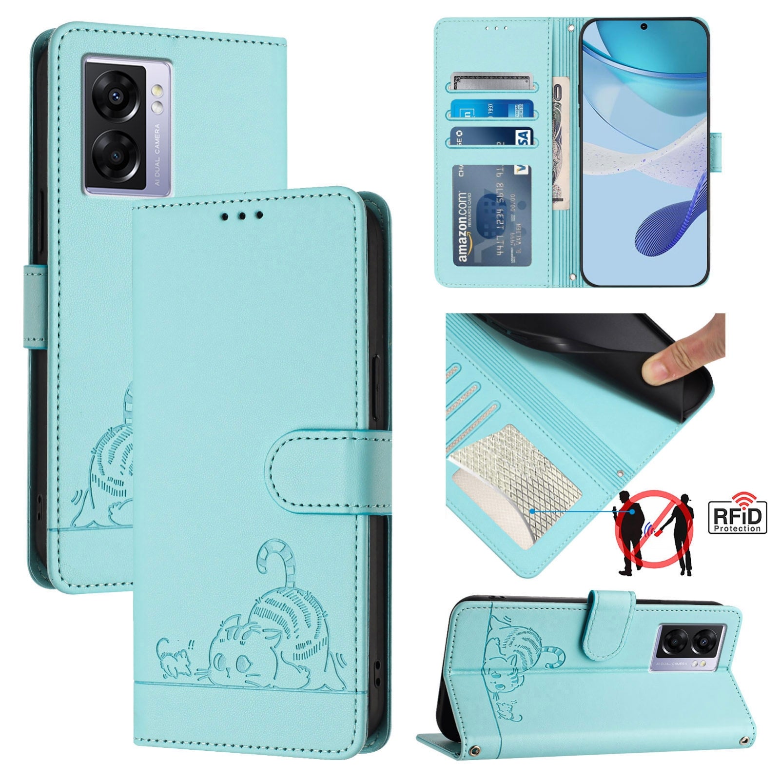 OPPO A77 5G Cat and Mouse Embossed PU Leather RFID Case with Wallet Slots, Anti-Fall Protection, Kickstand, and Lanyard-buycases.co.uk