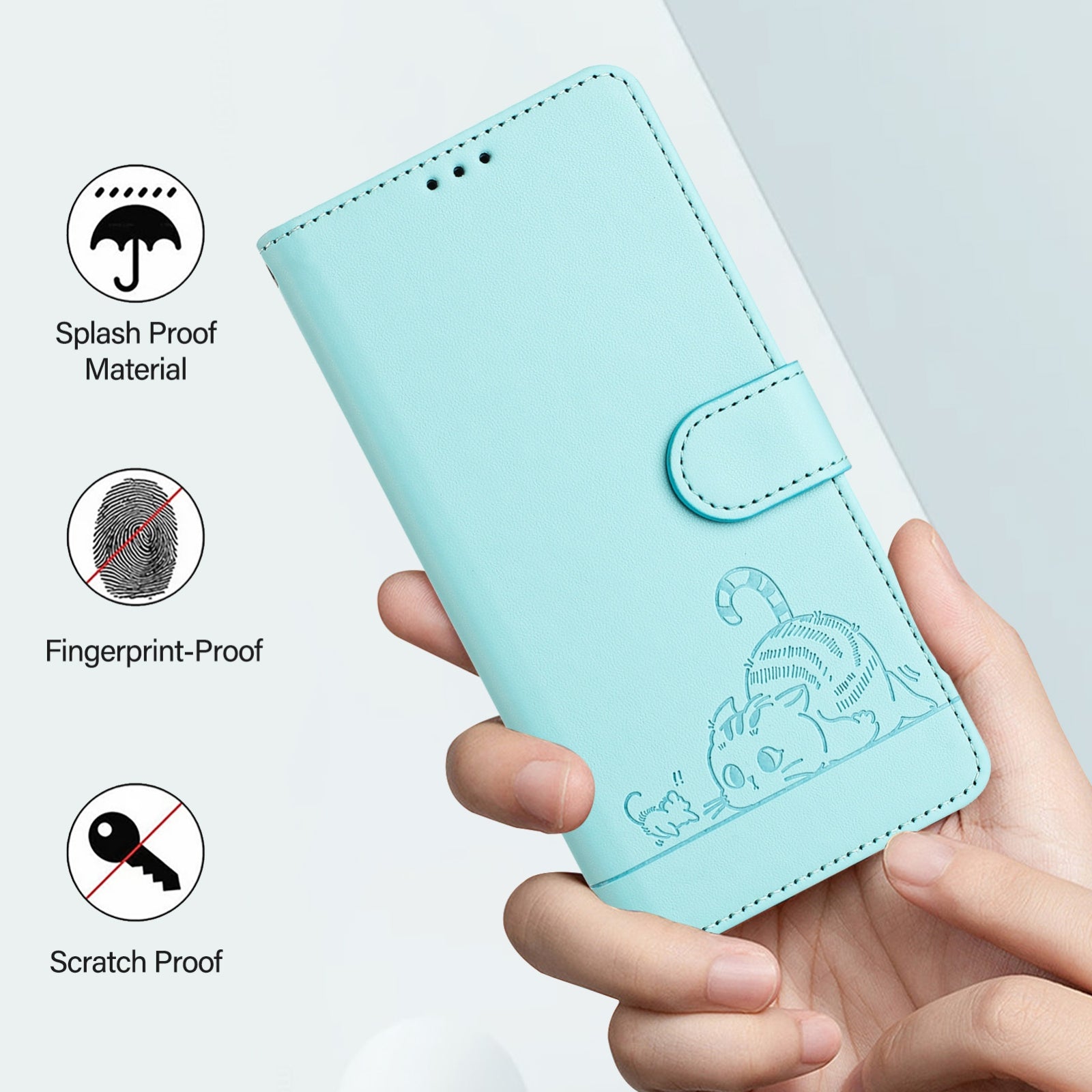 OPPO A77 5G Cat and Mouse Embossed PU Leather RFID Case with Wallet Slots, Anti-Fall Protection, Kickstand, and Lanyard-buycases.co.uk