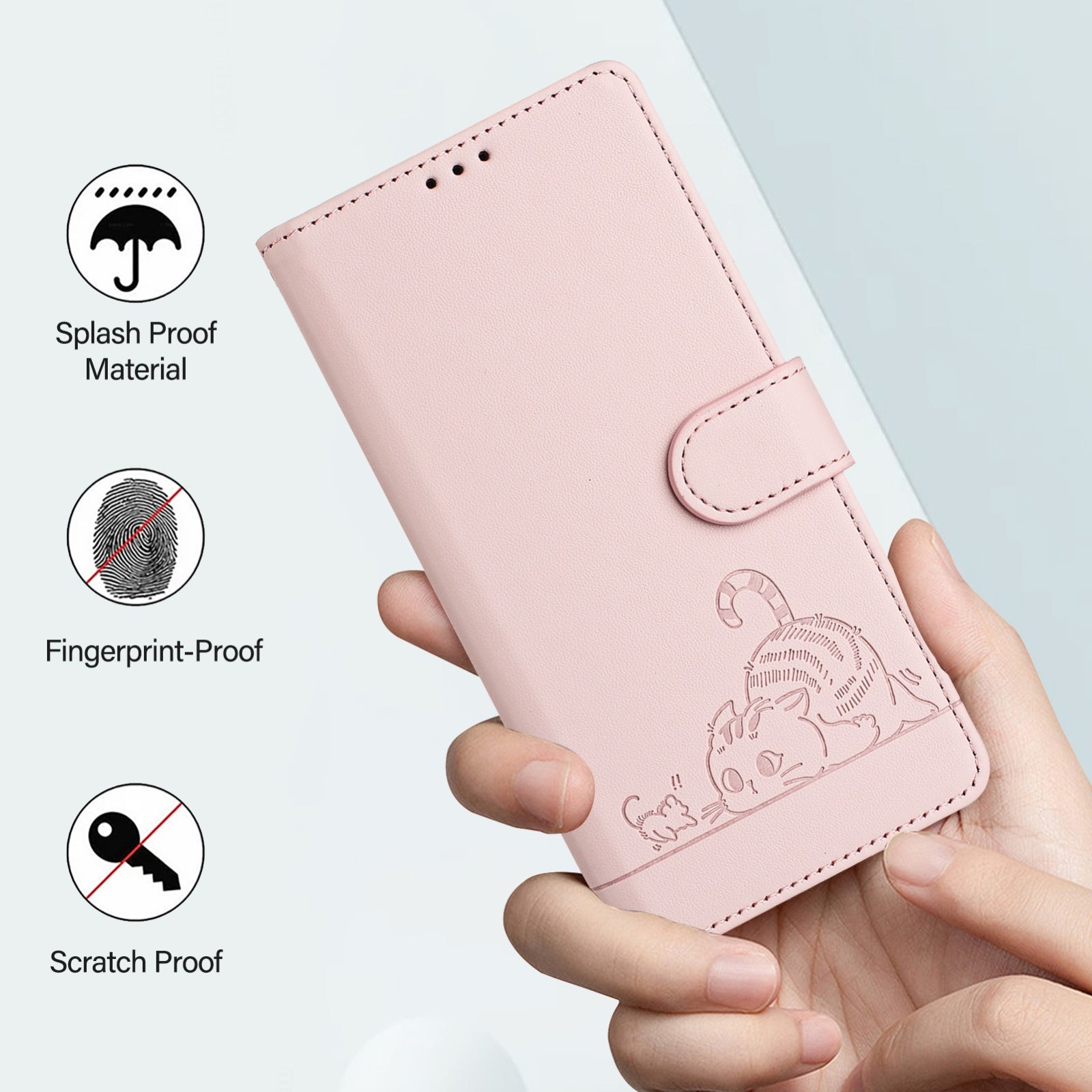 OPPO A77 5G Cat and Mouse Embossed PU Leather RFID Case with Wallet Slots, Anti-Fall Protection, Kickstand, and Lanyard-buycases.co.uk