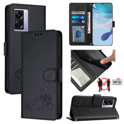 OPPO A77 5G Cat and Mouse Embossed PU Leather RFID Case with Wallet Slots, Anti-Fall Protection, Kickstand, and Lanyard-buycases.co.uk