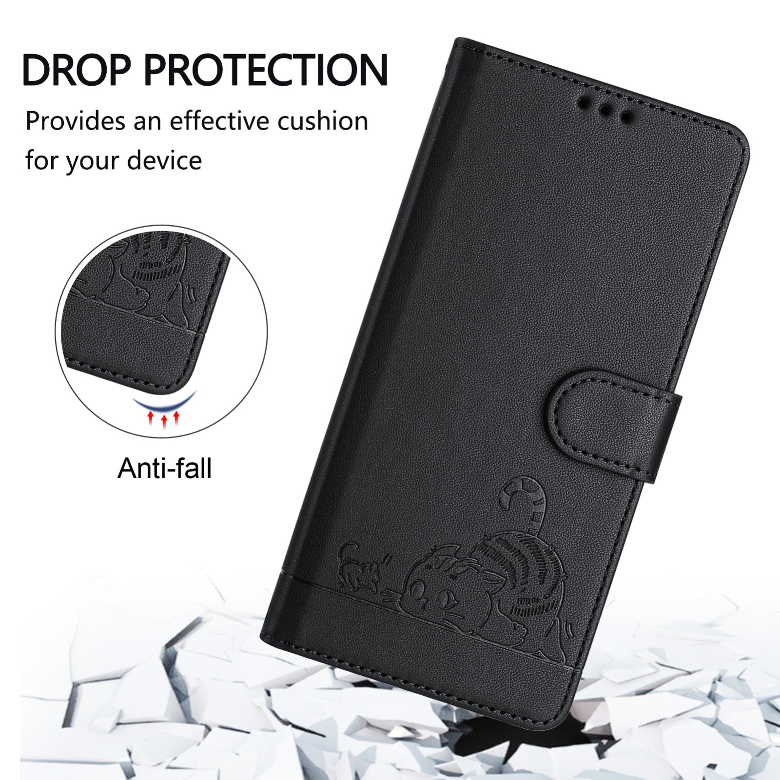 OPPO A77 5G Cat and Mouse Embossed PU Leather RFID Case with Wallet Slots, Anti-Fall Protection, Kickstand, and Lanyard-buycases.co.uk