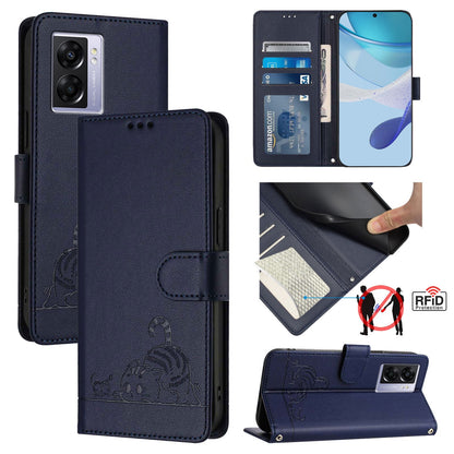 OPPO A97 5G Cat and Mouse Embossed PU Leather RFID Case with Wallet Slots, Anti-Fall Protection, Kickstand, and Lanyard-buycases.co.uk