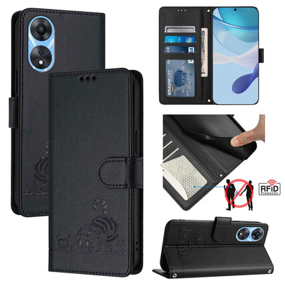OPPO A78 5G Global Cat and Mouse Embossed PU Leather RFID Case with Wallet Slots, Anti-Fall Protection, Kickstand, and Lanyard-buycases.co.uk