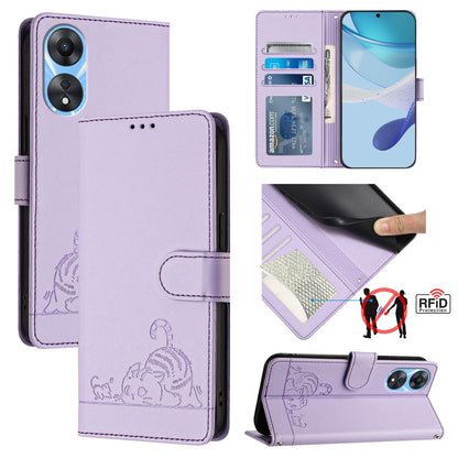 OPPO A78 5G Global Cat and Mouse Embossed PU Leather RFID Case with Wallet Slots, Anti-Fall Protection, Kickstand, and Lanyard-buycases.co.uk