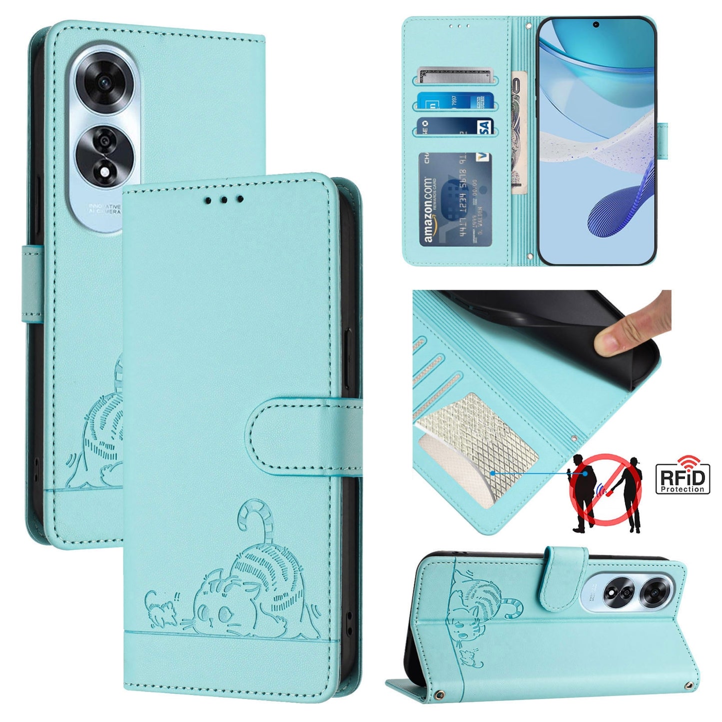 OPPO A60 4G Global Cat and Mouse Embossed PU Leather RFID Case with Wallet Slots, Anti-Fall Protection, Kickstand, and Lanyard-buycases.co.uk