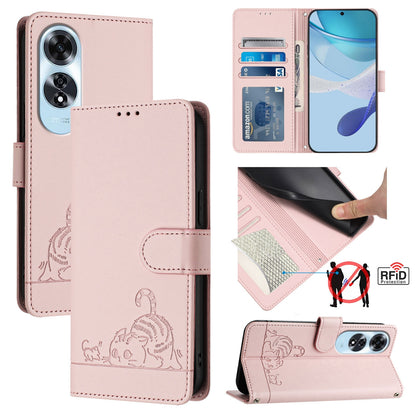OPPO A60 4G Global Cat and Mouse Embossed PU Leather RFID Case with Wallet Slots, Anti-Fall Protection, Kickstand, and Lanyard-buycases.co.uk