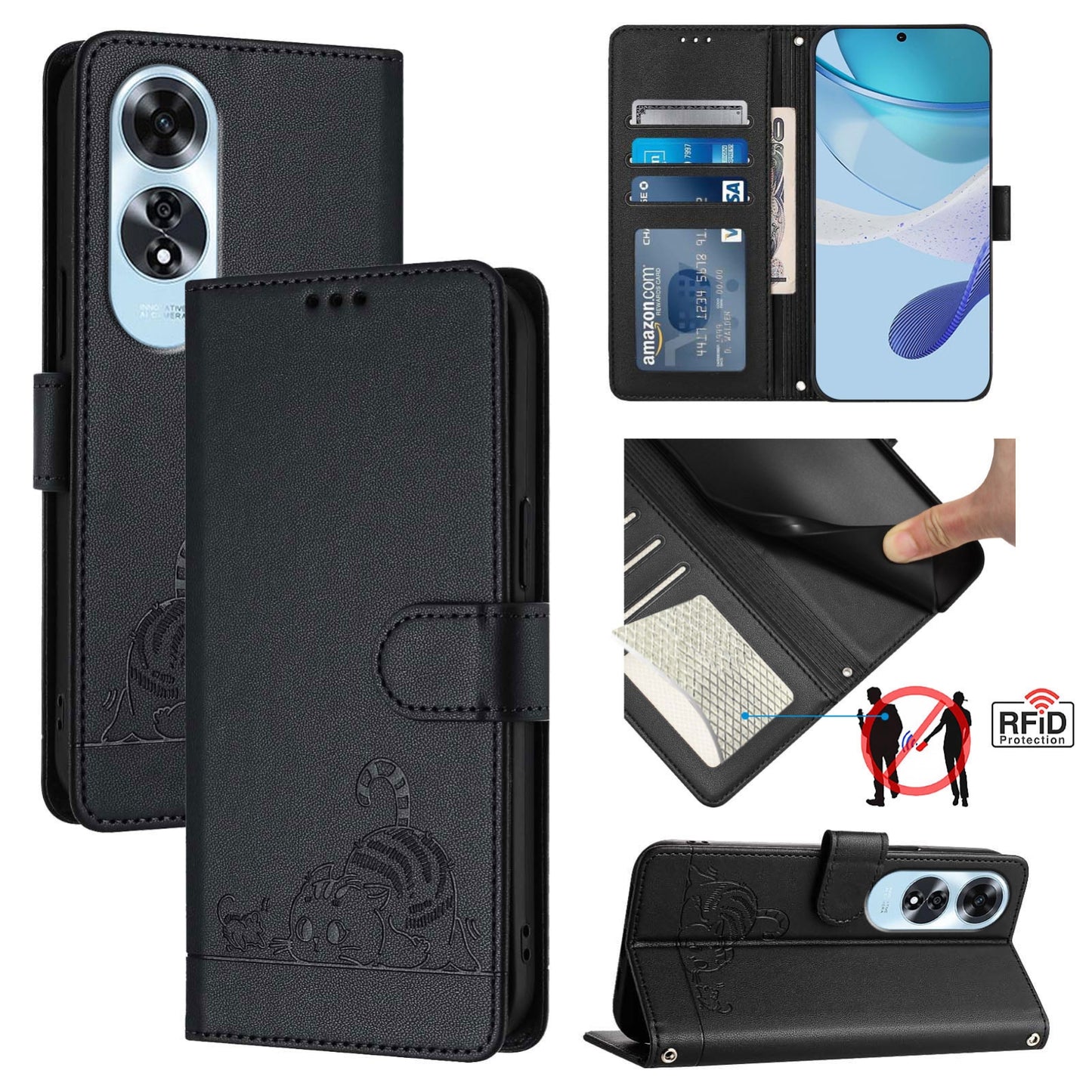 OPPO A60 4G Global Cat and Mouse Embossed PU Leather RFID Case with Wallet Slots, Anti-Fall Protection, Kickstand, and Lanyard-buycases.co.uk