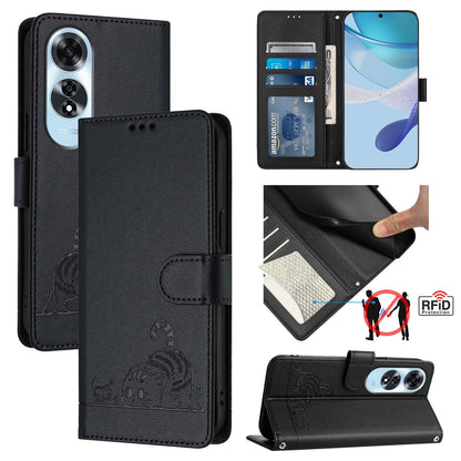 OPPO A60 4G Global Cat and Mouse Embossed PU Leather RFID Case with Wallet Slots, Anti-Fall Protection, Kickstand, and Lanyard-buycases.co.uk