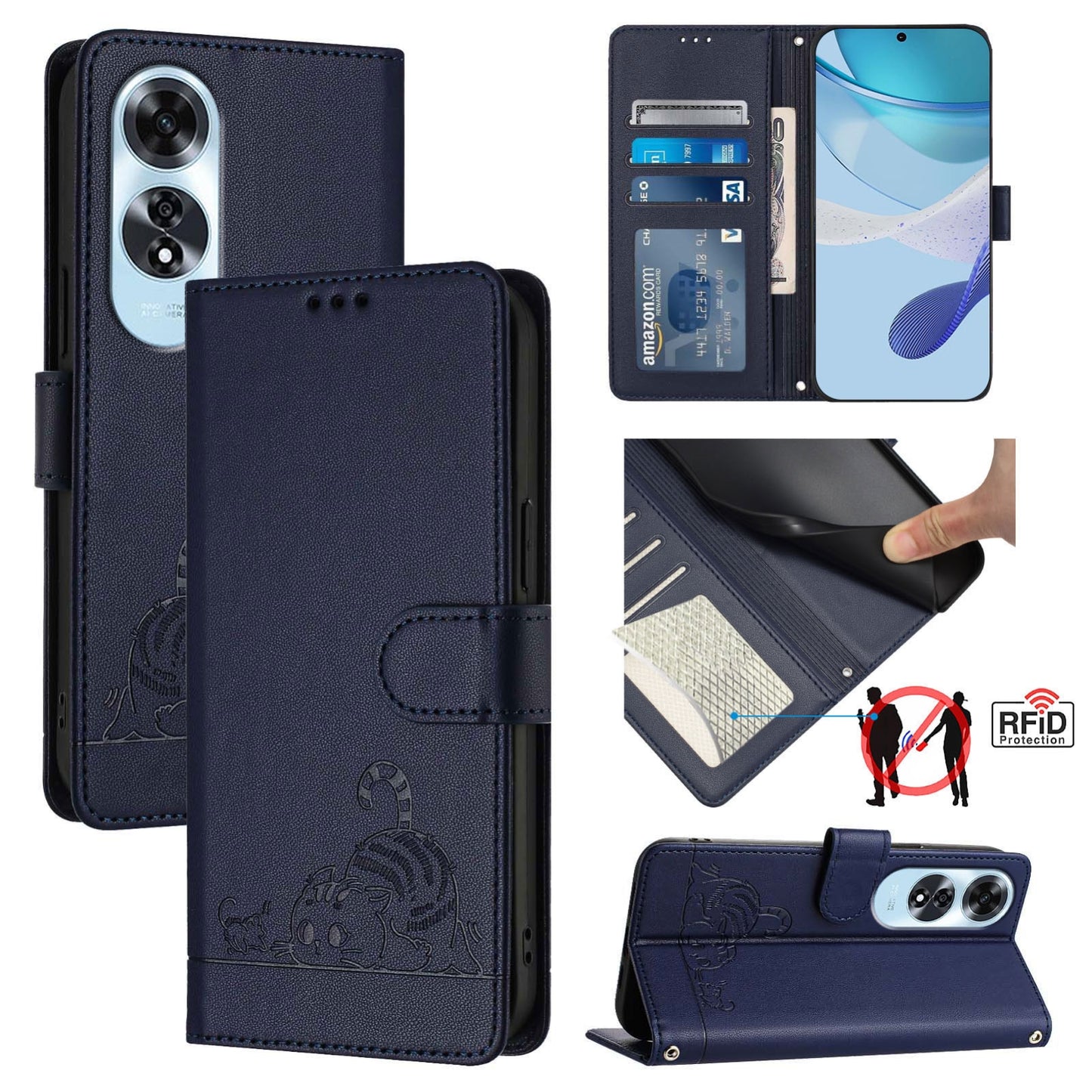 OPPO A60 4G Global Cat and Mouse Embossed PU Leather RFID Case with Wallet Slots, Anti-Fall Protection, Kickstand, and Lanyard-buycases.co.uk
