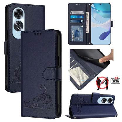 OPPO A60 4G Global Cat and Mouse Embossed PU Leather RFID Case with Wallet Slots, Anti-Fall Protection, Kickstand, and Lanyard-buycases.co.uk