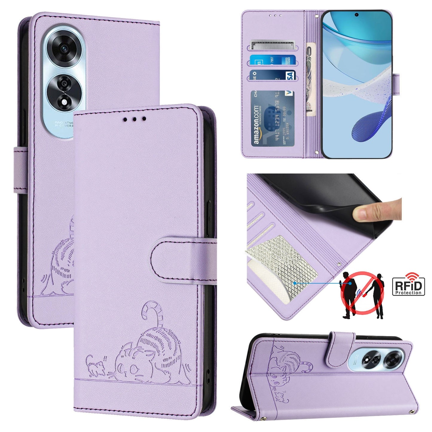 OPPO A60 4G Global Cat and Mouse Embossed PU Leather RFID Case with Wallet Slots, Anti-Fall Protection, Kickstand, and Lanyard-buycases.co.uk