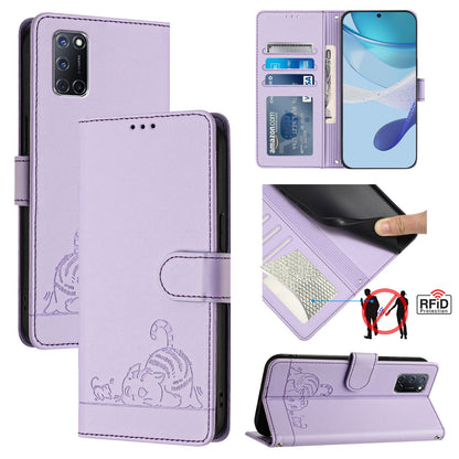 OPPO A52 Cat and Mouse Embossed PU Leather RFID Case with Wallet Slots, Anti-Fall Protection, Kickstand, and Lanyard-buycases.co.uk
