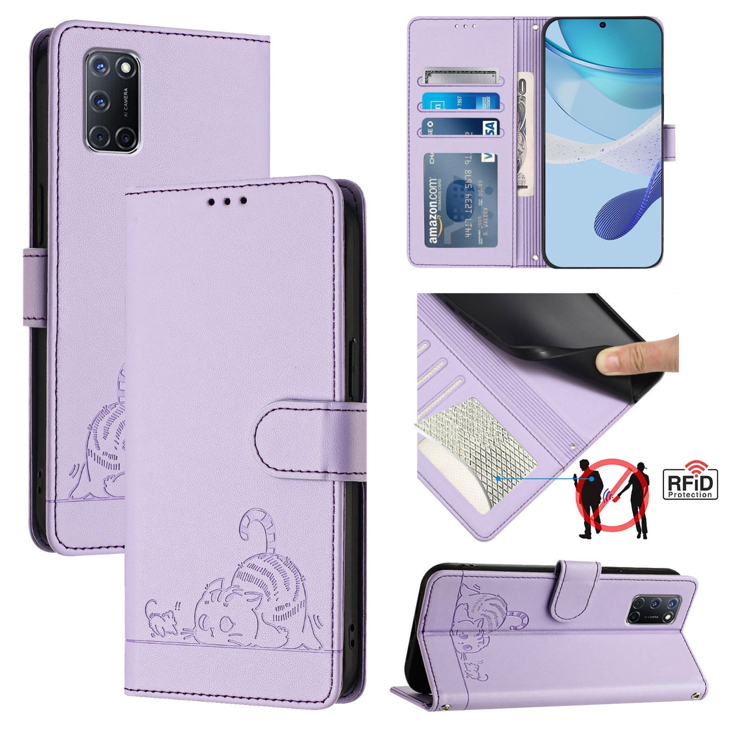 OPPO A92 4G Cat and Mouse Embossed PU Leather RFID Case with Wallet Slots, Anti-Fall Protection, Kickstand, and Lanyard-buycases.co.uk