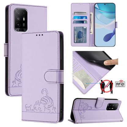 OPPO F19S Cat and Mouse Embossed PU Leather RFID Case with Wallet Slots, Anti-Fall Protection, Kickstand, and Lanyard-buycases.co.uk