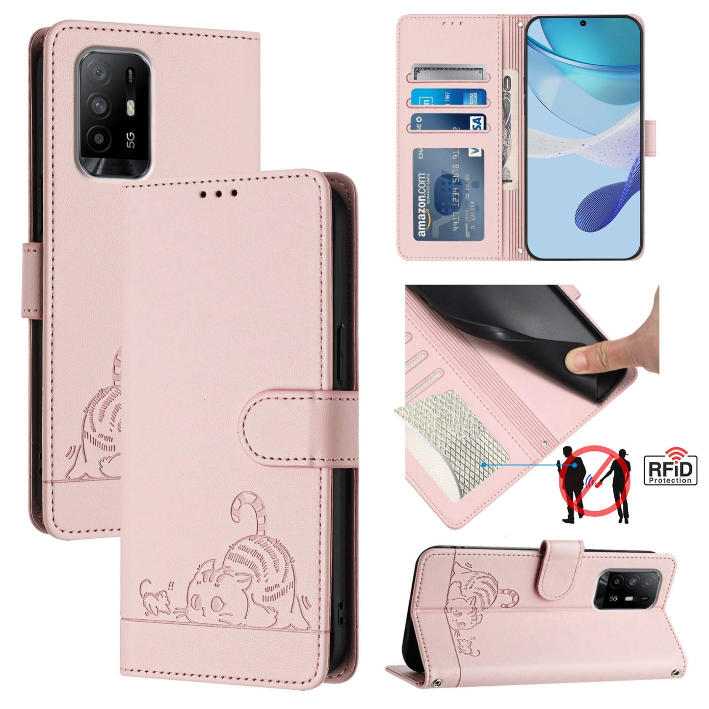 OPPO A95 4G Global Cat and Mouse Embossed PU Leather RFID Case with Wallet Slots, Anti-Fall Protection, Kickstand, and Lanyard-buycases.co.uk