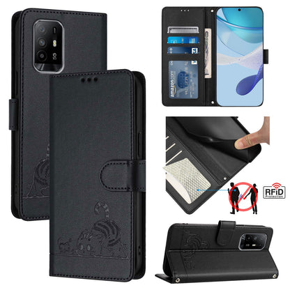 OPPO Reno6 Lite Cat and Mouse Embossed PU Leather RFID Case with Wallet Slots, Anti-Fall Protection, Kickstand, and Lanyard-buycases.co.uk
