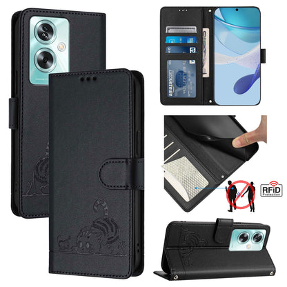 OPPO A79 5G Global Cat and Mouse Embossed PU Leather RFID Case with Wallet Slots, Anti-Fall Protection, Kickstand, and Lanyard-buycases.co.uk