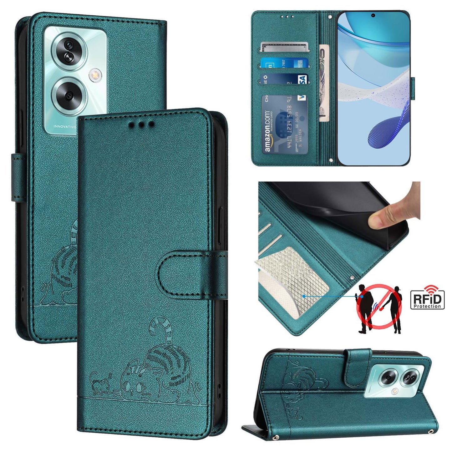OPPO A79 5G Global Cat and Mouse Embossed PU Leather RFID Case with Wallet Slots, Anti-Fall Protection, Kickstand, and Lanyard-buycases.co.uk