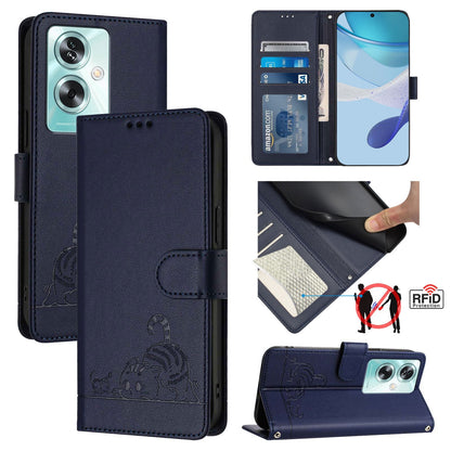 OPPO A79 5G Global Cat and Mouse Embossed PU Leather RFID Case with Wallet Slots, Anti-Fall Protection, Kickstand, and Lanyard-buycases.co.uk