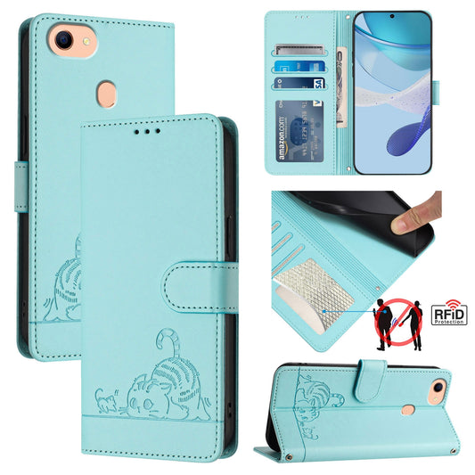 OPPO F17 Cat and Mouse Embossed PU Leather RFID Case with Wallet Slots, Anti-Fall Protection, Kickstand, and Lanyard-buycases.co.uk