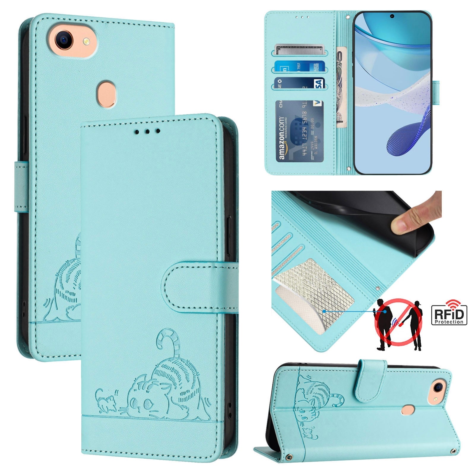 OPPO A73 2020 4G Global Cat and Mouse Embossed PU Leather RFID Case with Wallet Slots, Anti-Fall Protection, Kickstand, and Lanyard-buycases.co.uk